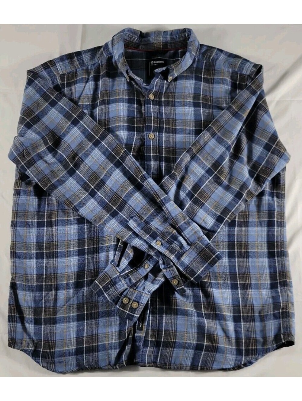 Marmot Mens XL Striped Long Sleeve Button Up Flannel Shirt Blue Construction